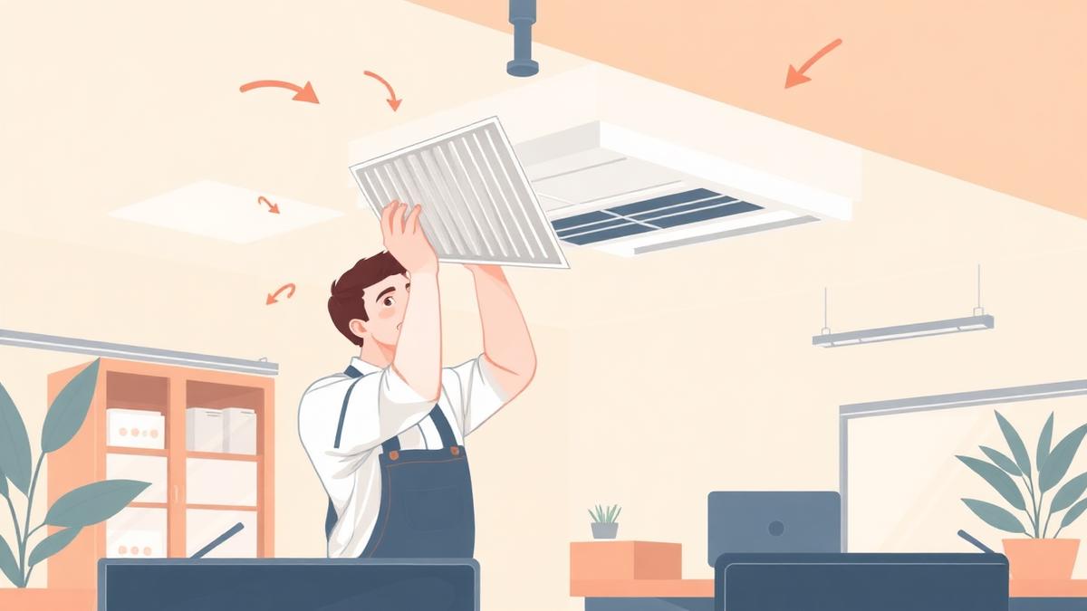 איור של טכנאי המנקה מסנן במערכת סינון אוויר בתקרת משרד
